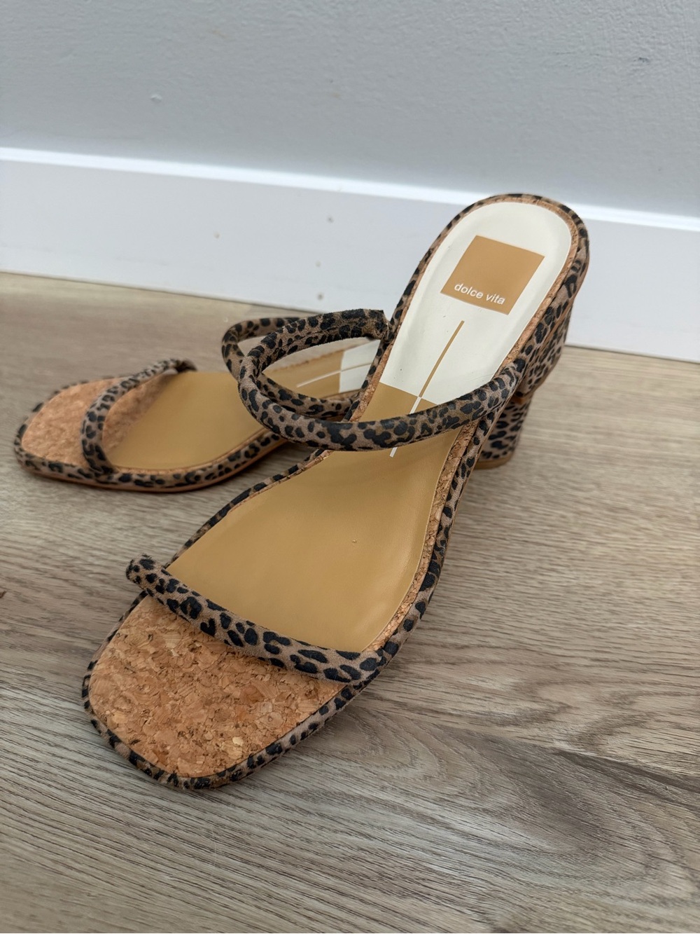 Dolce Vita Leopard Print Cork-Trim Strappy Heels - Tan/Black
